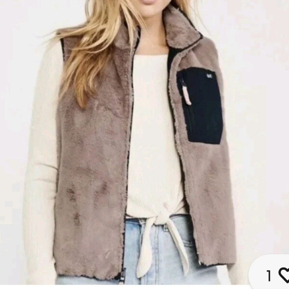 Abercrombie Faux Fur Vest Reversible Zip Closure Pockets Mauve Navy M